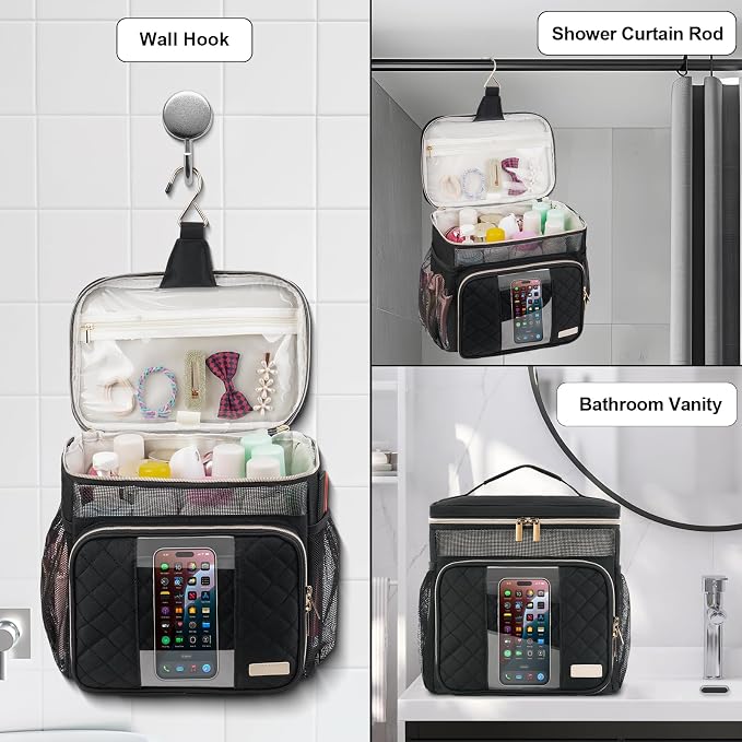 Portable Shower Caddy College Dorm Essentials (Full Size Bottle Compatible), Toiletry Bag for Women Men, Hanging Makeup Bag with Quickly Dry Mesh Base for Travel,Gym & Camping, Black