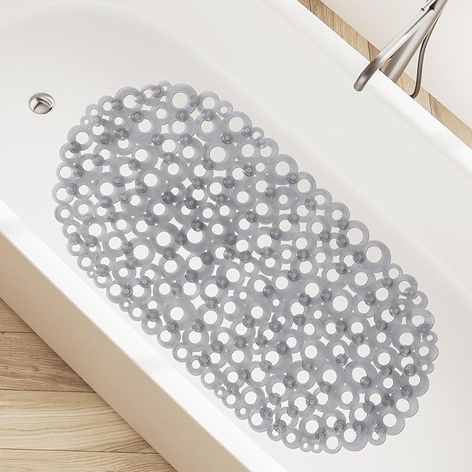 WELTRXE Oval Bathtub Mat Non Slip, Grey Bubbles Bath Mats for Tub, Shower Mat with Drain Holes, Suction Cups, Machine Washable Bath Tub Mat, BPA, Latex, Phthalate Free for Bathroom, 27 x 14 Inch
