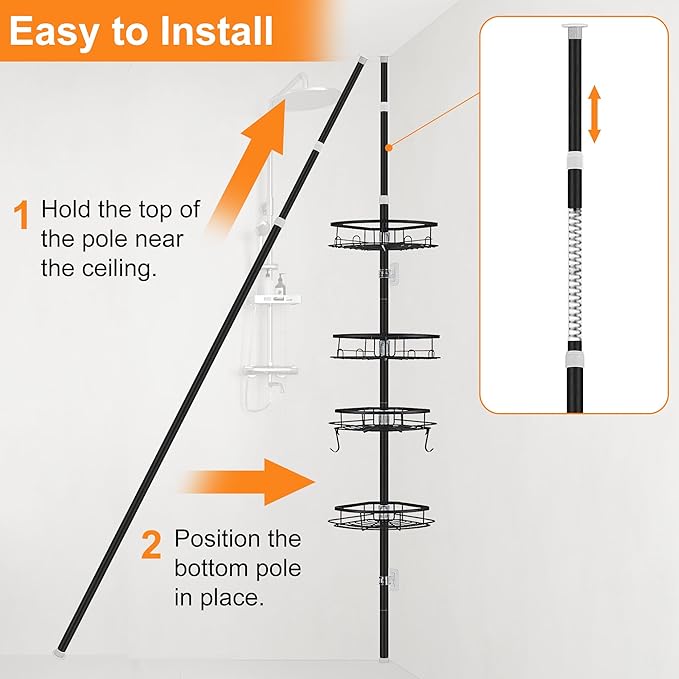 DUFU Corner Shower Caddy Tension Pole, Shower Tension Rod Organizer, 4-Tier Adjustable Floor to Ceiling Shower Caddy 33-127inch, No Drilling Shower Shelf for Inside (Black)