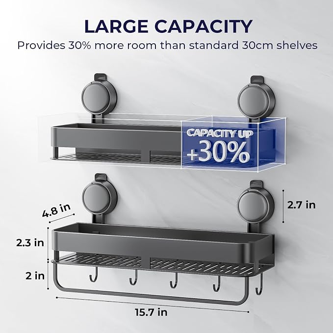 Corner Shower Caddy,Suction Cup Shower Caddy with Hooks,No Drilling Rustproof Aluminum Bathroom Organizers and Storage,Shelves for Bathroom Accessories Decor (15.7inch-Gunmetal Gray)