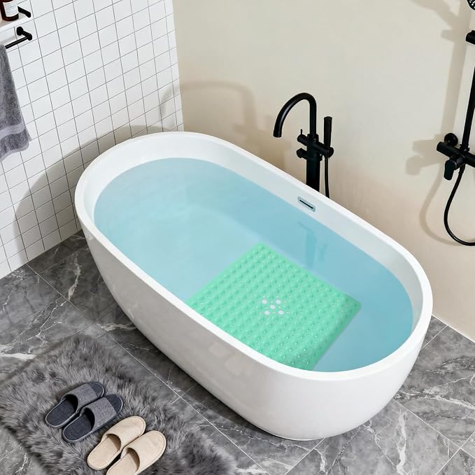 Anti-Slip Bathtub Shower mat, 21×21（ 53×53cm） inch Soft Oversized Machine Washable Non-Slip Bathtub mat with Drainage Holes, Bathroom Floor Suction Cup.（1-Turquoise Green）