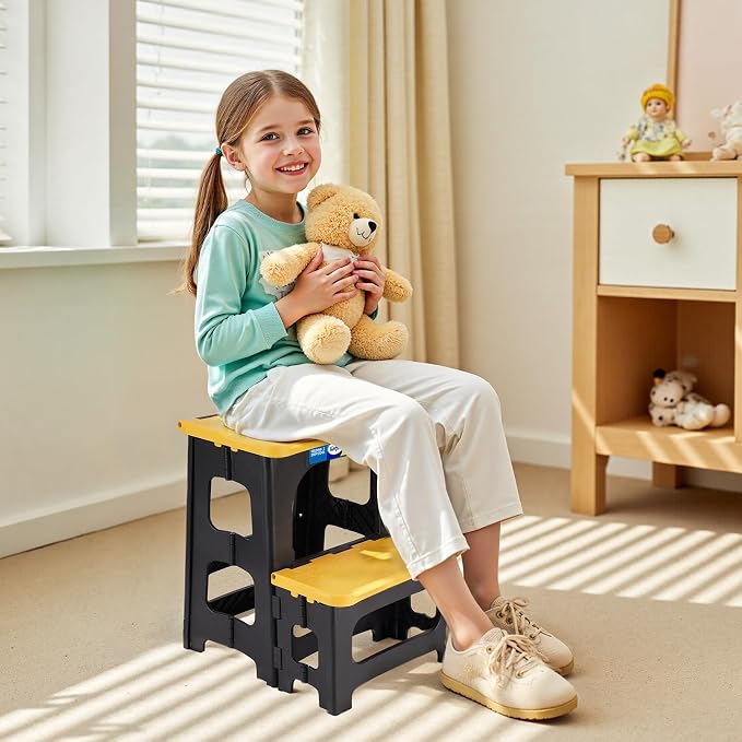 Korpai Folding 2 Step Stools,8" & 17" Dual Heights,Foldable Step Stool for Adults and Kids,Hold up to 250lbs,Collapsible Step Stool for Kitchen Bedroom Office Bathroom RV, Yellow