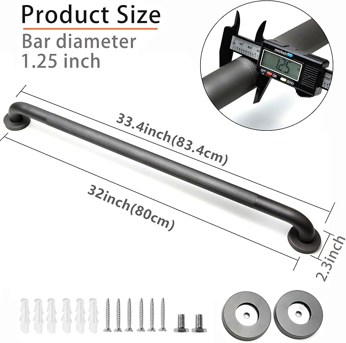 Shower Grab Bar, 2 Pack 32 Inch Gray Bathroom Grab Bar, 1.25" Diameter 304 Stainless Steel Anti-Slip Grab Bars for Bathtubs and Showers, Handicap Shower Grab Bar for Seniors Elderly