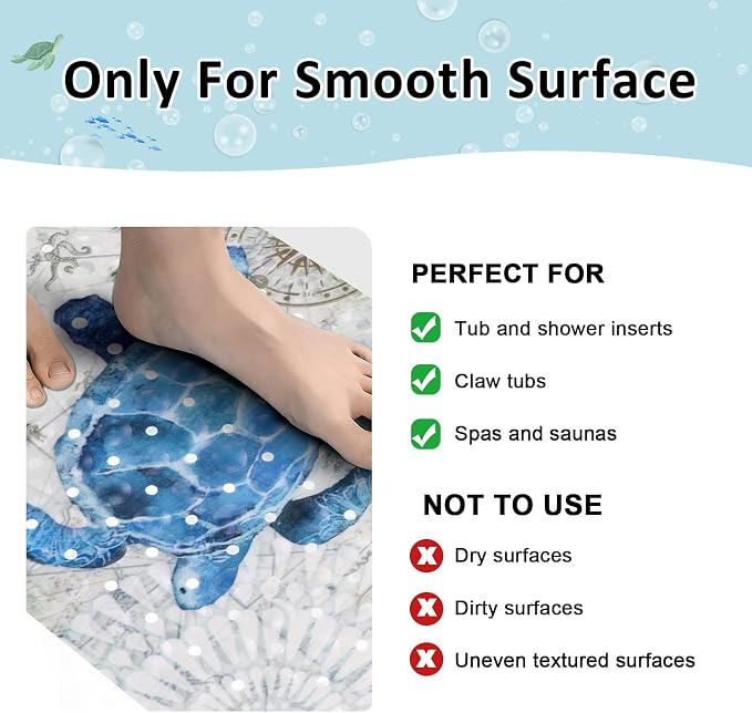 Topotdor Baby Bathtub Mat Non Slip for Kids, 40 X 16 Inch Cute Cartoon Bath Tub Shower Mat Anti Slip with Suction Cups & Drain Holes, Nautical Sea Turtles