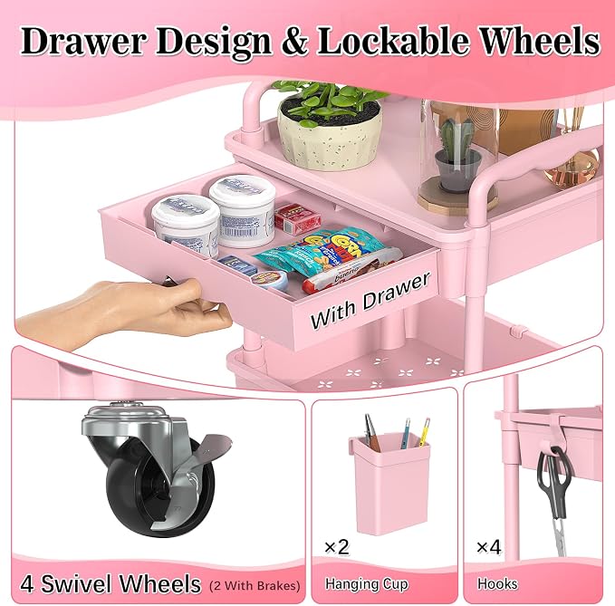 SUNALLY 4 Tier Rolling Utility Cart with Drawer, Storage Organizer Cart with 2 Lockable Wheels, Multifunctional Rolling Storage Cart for Bathroom, Kitchen, Craft, Makeup, Baby Essentials, Pink
