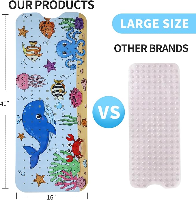 Bath Tub Shower Mat Non Slip Kids Bathtub Mat Anti Slip Baby Bath Mat for Tub 40 x 16 Inch Extra Long Toddler Bath Mat with Suction Cups and Drain Holes for Bathroom Floor,Machine Washable,Undersea