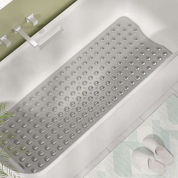 AmazerBath Shower Mat Non Slip 40 x 16 Inches, Shower Stall Mats with Suction Cups and Drain Holes, Non Slip Bath Mat for Tub for Elderly & Kids, Clear Gray