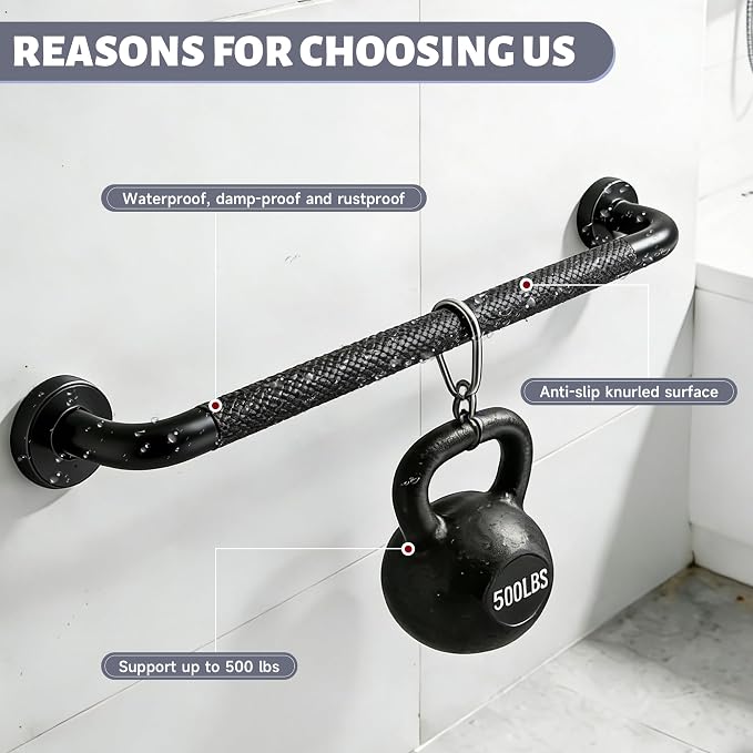 32 Inch Shower Grab Bar 1.25" Dia, Black Anti Slip Bathroom Grab Bar, 304 Stainless Steel Knurled Handicap Grab Bars, Safety Support Handrail, Assist Bath Shower Handle for Elderly Injury Senior