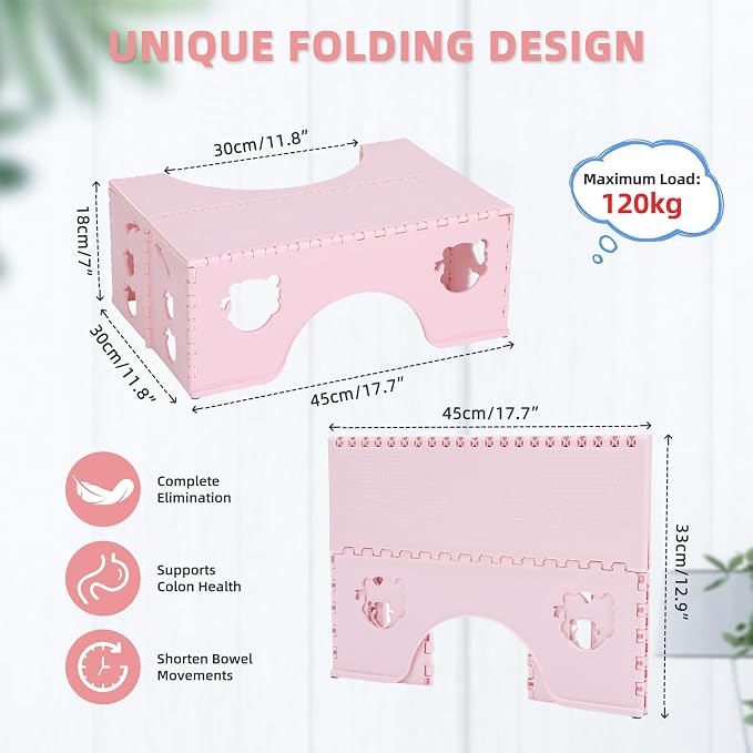 7inches Foldable Toilet Stool (Pink), Ergonomic Squatting Aid with Non-Slip Feet for Improved Bowel Movement, A Good Helper to Effective Relief of Constipation, Easy to Storage Toilet Squat Stool