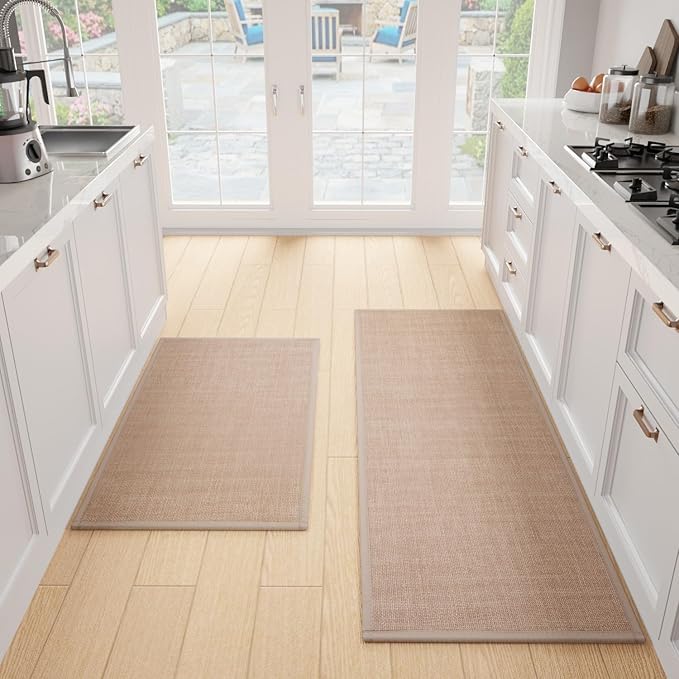 SUMLANS Kitchen Mat Set of 2 PCS, Cushioned Non Slip Rugs for Kitchen Floor, Absorbent Runner Comfort Standing Mats Washable for Kitchen, Office, Home (Camel, 17.3"x47"+17.3"x30")