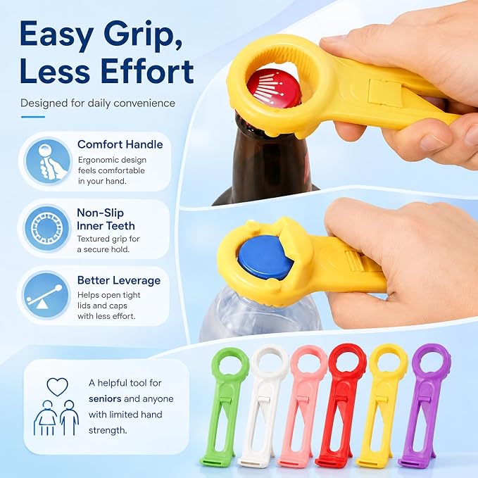 6-Pcs 3 in 1 Multi-Purpose Jar Key Lid Opener, Plastic Bottle Cap Opener, 5.83 Inch Manual Can Opener for Seniors & Arthritis