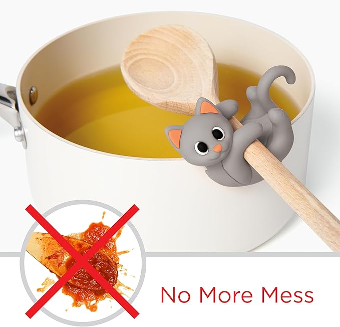 Gray Cat Spoon Rest for Stove Top – Silicone Pot Clip Utensil Holder & Lid Lifter – Funny Kitchen Gadget, Unique Grey Tabby Cat Gifts for Women – 3" x 2.5"