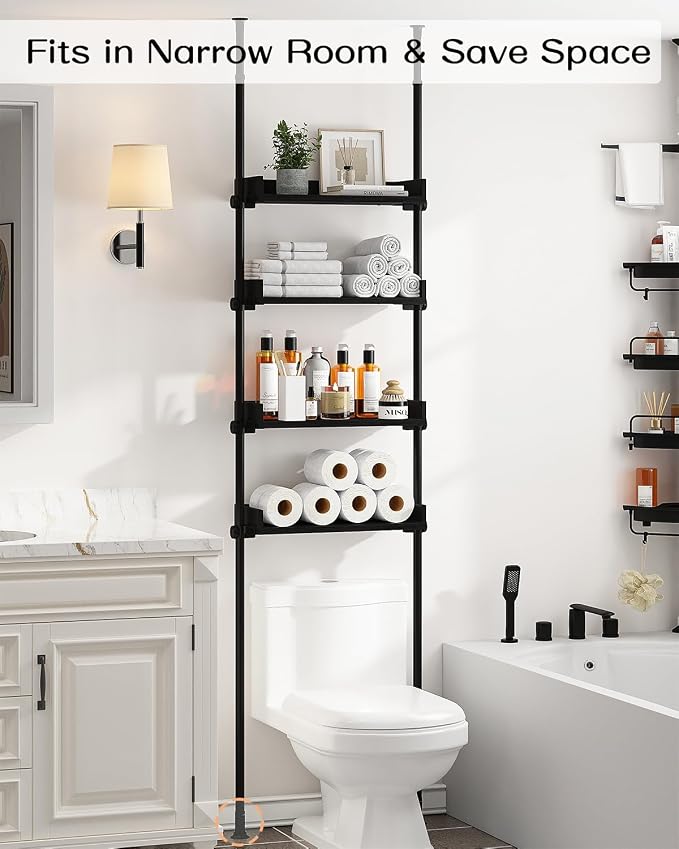 ALLZONE 4 Tier Over The Toilet Storage, Adjustable Wood Over Toilet Bathroom Organizer, Freestanding Shelves, Fit Most Showers Over The Toilet Shelf, 92 to 116 Inch Tall, Black
