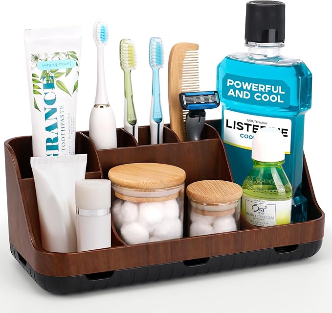 GFWARE Wood Toothbrush Holders for Bathrooms Countertop Organizer - Detachable 7 Slots Kid Bathroom Decor and Accessories, Wooden Bathroom Sink Storage Organization, Caddy, Tray, Brown