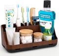 GFWARE Wood Toothbrush Holders for Bathrooms Countertop Organizer - Detachable 7 Slots Kid Bathroom Decor and Accessories, Wooden Bathroom Sink Storage Organization, Caddy, Tray, Brown