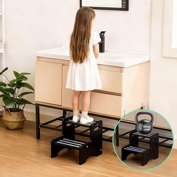 Wooden Toddler Step Stool for Kids, Two Step Stool with Non-Slip Pads & Handles, Potty Training Stool for Bathroom Sink, Toilet, Kitchen, Bedroom (Black)