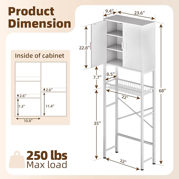 Kalrin Over The Toilet Storage Cabinet with Fluted Wave Doors and Adjustable Shelf, Wood Over Toilet Storage Rack with Drain Basket, Freestanding Bathroom Organizer for Balcony Laundry, Pure White