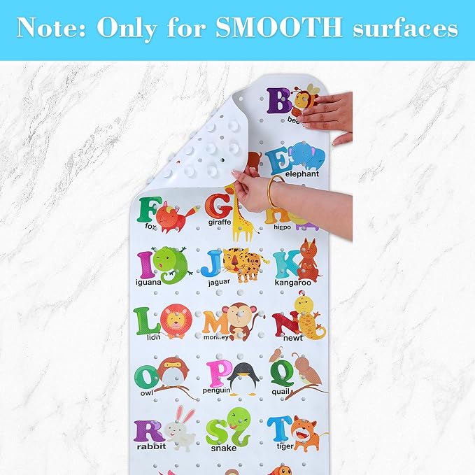 Secopad Bath Mat for Tub Non Slip, Machine Washable Anti-Slip Cartoon Baby Bathtub Shower Mat with Drain Holes and Suction Cups for Toddler & Kids (40 Inch x 16 Inch-Rectangular, Alphabet and Animals)