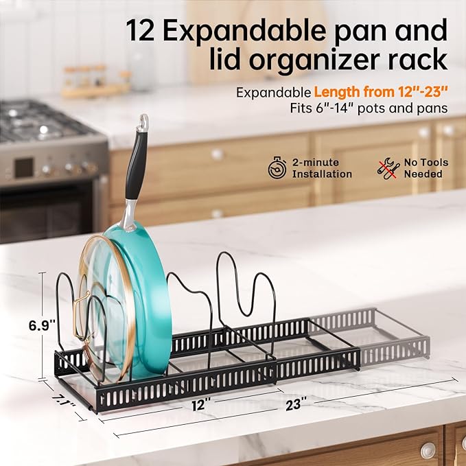 MUDEELA Pot and Pan Organizer Rack for under Cabinet, Expandable 11.81''-22.85'' Pot Lid Kitchen Cabinet Organizer Holder with 12 Adjustable Compartment Cutting Board Organizer for Pan Lid, Bakeware
