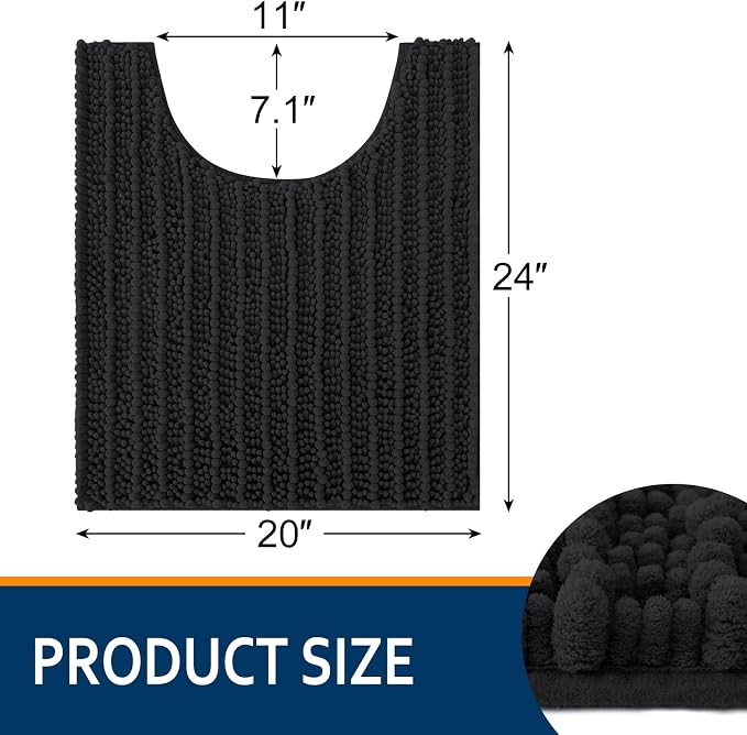 Smiry Bathroom Toilet Rugs U Shaped 24x20, Extra Soft Absorbent Non Slip Rubber Backing Chenille Contour Bath Rugs for Toilet, Machine Washable Contoured Bath Mats, Black