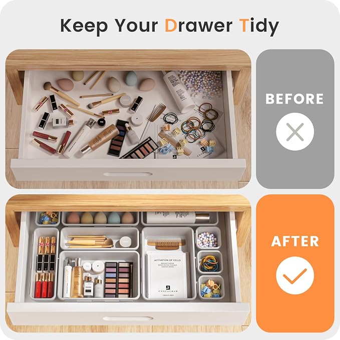 A-LuGei 【Military Grade】 Drawer Organizer, 【𝟱𝗦𝗶𝘇𝗲】 Makeup organizer, 【Holds 177 Items】 Bathroom Organizers and Storage, Organization and Storage, Desk Drawer Organizer for Vanity (White)