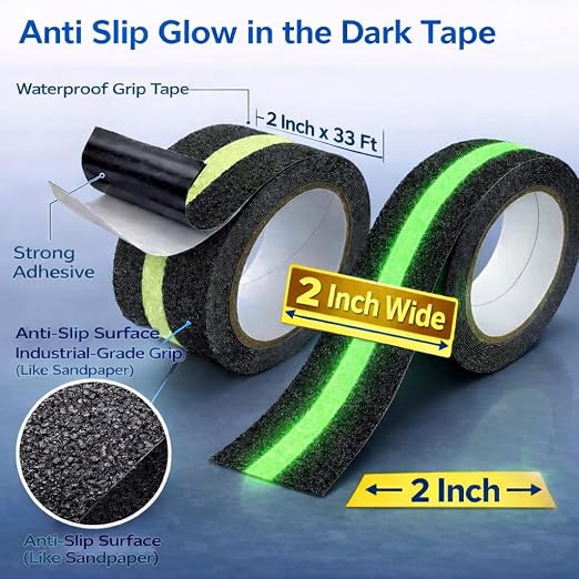 Anti Slip Tape for Stairs with Glow in the Dark, 2Inch x 33Ft Non Skid Traction Tape for Stairs, Floors, Decks, Basement, Bathrooms & Outdoors, Waterproof PVC Safety Grip Tape with Glow