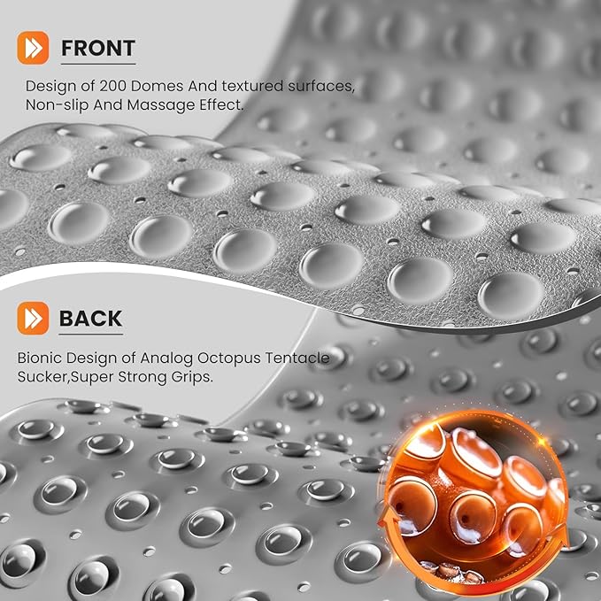 Non-Slip Bath Tub Mat, 39x16 Inch Extra Large Shower Mat with Drain Holes & Suction Cups, Machine Washable, Clear