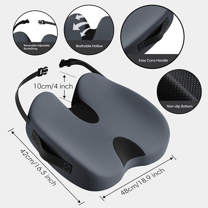 Large Memory Foam Seat Cushion for Office Chair, Car, Truck & Wheelchair - Sciatica Ease, Coccyx & Tailbone Pain Relief Cushion for Long Sitting & Driving