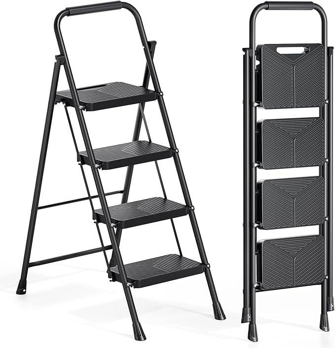 Urackify 4 Step Ladder, Portable Folding Ladder for Multi-Purpose, Home, Kitchen, Heavy Sturdy Steel Step Stool with Handrail, Anti-Slip Wide Pedals, Safe-Lock Design, Pass 500lbs Load Testing, Black