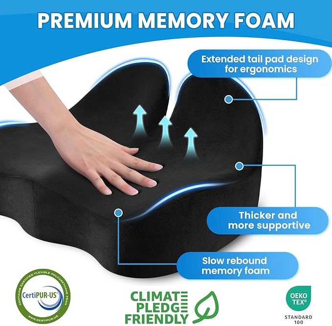 CushZone Seat Cushion, Ergonomic Memory Foam Seat Cushions for Office Chairs, Car, Long Trip, Desk Chair, Lab, Extra Large Size for Sciatica & Hip & Tailbone Pain Relief, Sciatica Support (Black)