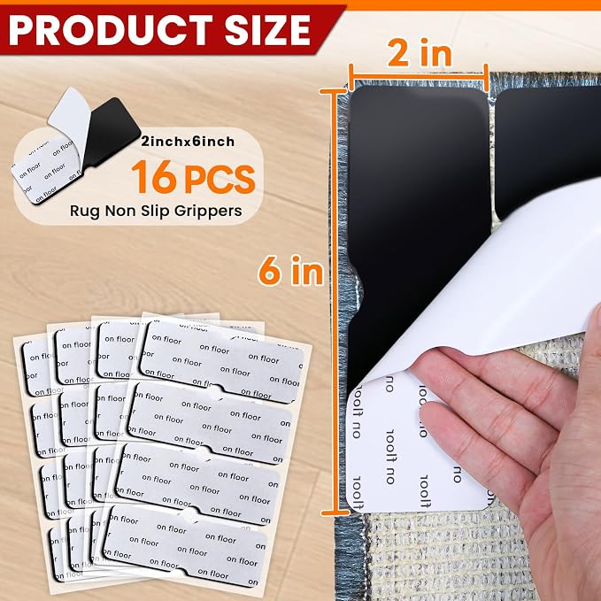Rug Non Slip Grippers, Reusable Rug Tape Pads for Hardwood Floors, Tiles, No Residue Stickers for Wood Floor, Double Adhesive Carpet Tape for Area Rugs Corners Flat (16)