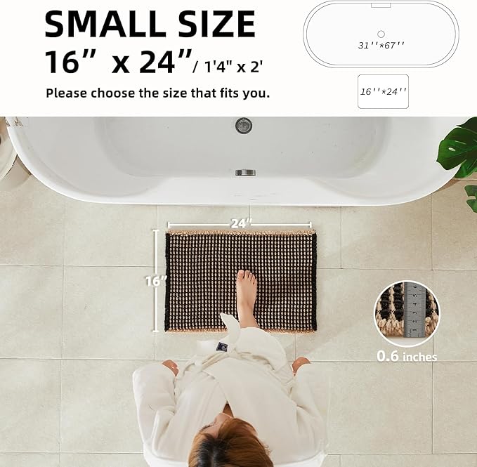 TYUU Waffle Bath Mat, Boho Bathroom Rugs Non Slip Washable Super Absorbent Quick Dry Bath Mat Farmhouse Bathroom Decor, 24"x16" Khaki and Black