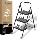 DIAMONDFORGE 3 Step Foldable Step Ladder with Handrails for Home Adults, Iron, Black, Tall Extension Heavy Duty 800 lbs Stool for Indoor Kitchen & Closet