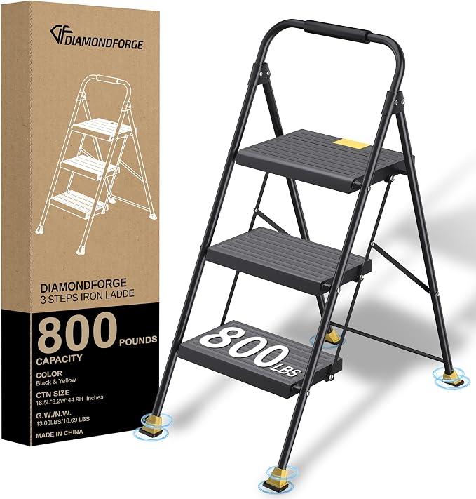 DIAMONDFORGE 3 Step Foldable Step Ladder with Handrails for Home Adults, Iron, Black, Tall Extension Heavy Duty 800 lbs Stool for Indoor Kitchen & Closet