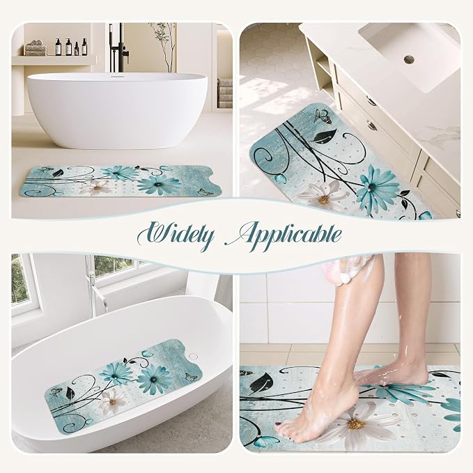 SHUCHING Turquoise Bath Mat for Tub Non Slip-40 X 16Inch, Rustic Farmhouse Flower Bathtub Mat Anti Slip for Women, Long Shower Mat for Bathroom Mold Free, Machine Washable