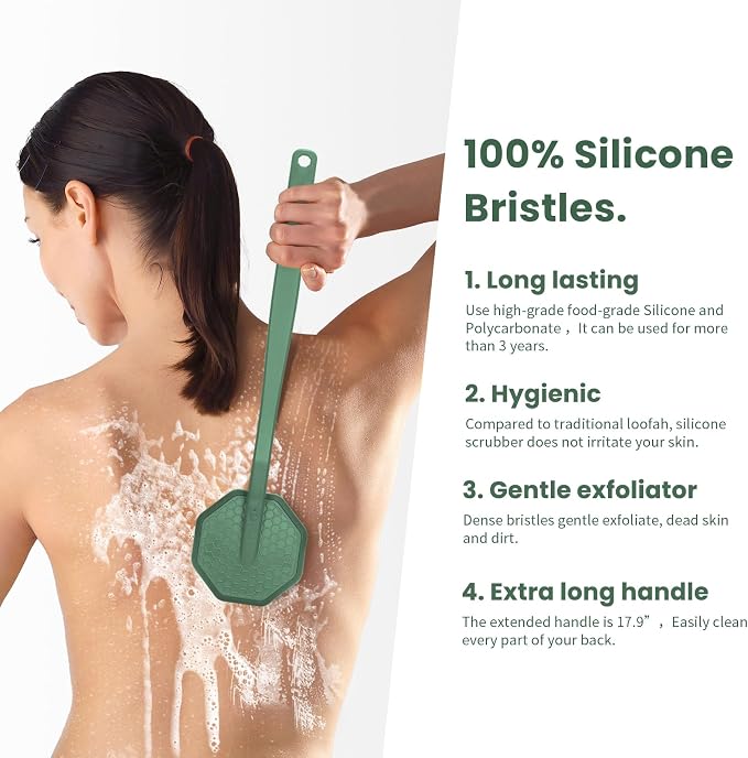 iTokGoK® Silver-Infused Silicone Back Scrubber with Long Handle Back Brush for Shower,Back Brush Long Handle for Men and Women,Ergonomic No-Slip Handle, Long-Lasting (Midnight Green)