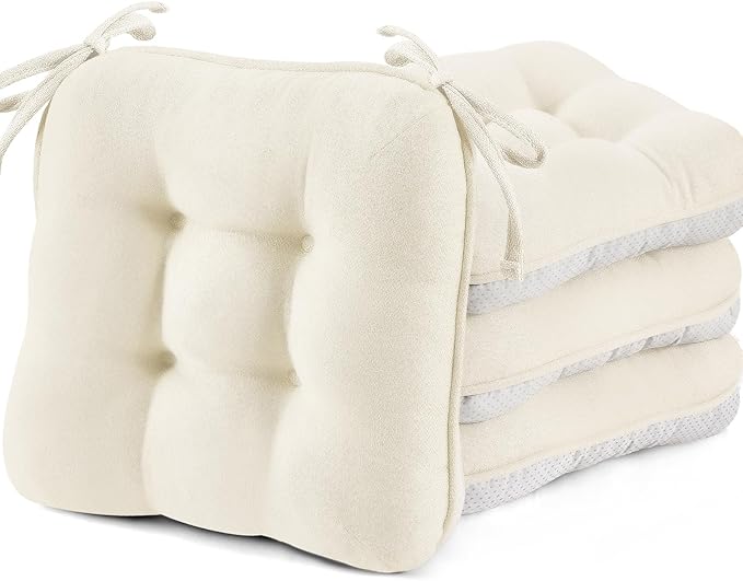 BETU White Chair Cushions for Dining Chairs Set of 4,3.5" Thick Kitchen Table Chair Pads with Ties,Non Slip Backing and Covers, Seat Cushion for Dining Room,Bar,Patio Chairs,15.5"X15.5"X3.5",White