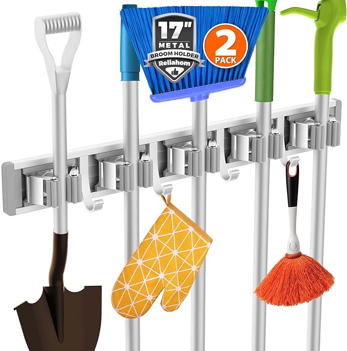 reliahom Broom Holder Wall Mount, 2 Pack 5 Racks with 4 Hooks Silver - Mop Storage Tool Racks, Broom Hanger Tool Organizer for Garage, Kitchen, Garden, Laundry Room
