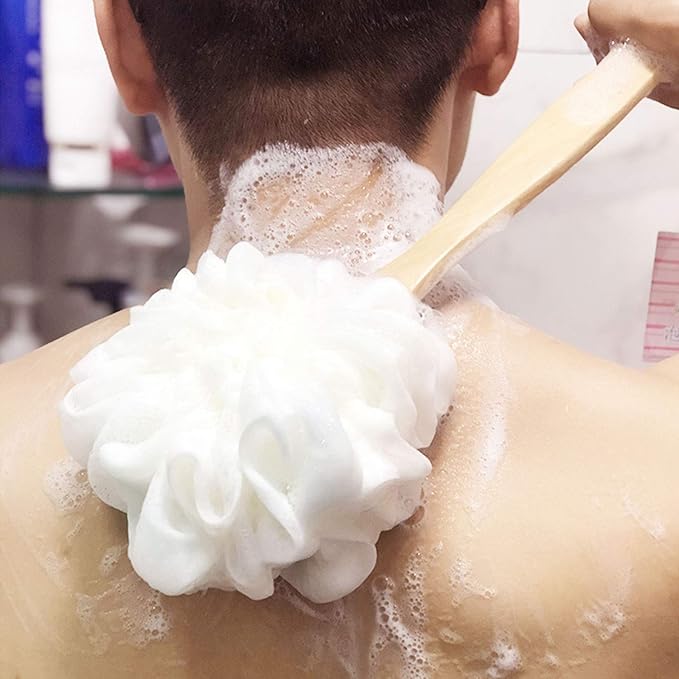 White Loofah with Handle - Back Scrubber for Shower, Exfoliating Body Sponge with Soft PE Mesh and Wood Stick, Clean Look Bath Accessory for Men and Women