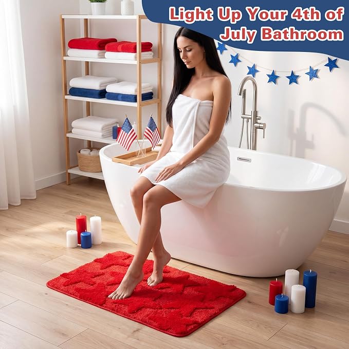 Capoda 1 Pcs Patriotic Bathroom Rug 20 x 30 Inch 4th of July Star Bath Mat Non-Slip Soft Microfiber 4th of July Shower Rug for Independence Day Home Kitchen Bathroom Entrance Decor(Star, Red)