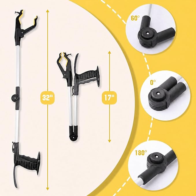 32" Grabber Reacher Tool, 2-Pack Foldable Reacher Grabber Pickup Tool with Shoe Horn, Trash Picker Upper Grabber with 360° Rotating Jaw & Magnet, Lightweight Grabbers for Seniors Heavy Duty