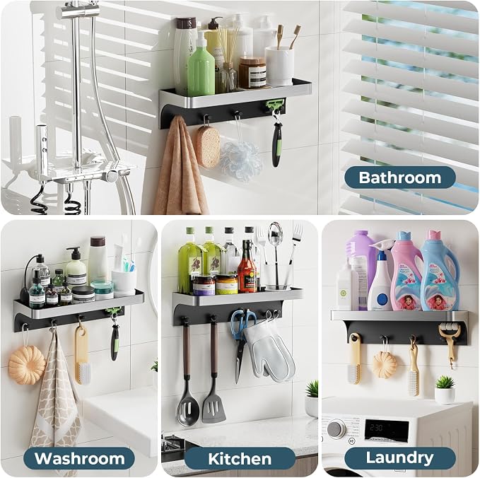 Shower Caddy Adhesive, Shower Shelve for Inside Shower, Bathroom Organizers and Storage for Accessories Holder, Rustproof Bathroom Wall Shower Rack Organize with 5 Hooks, No-drill, Silver