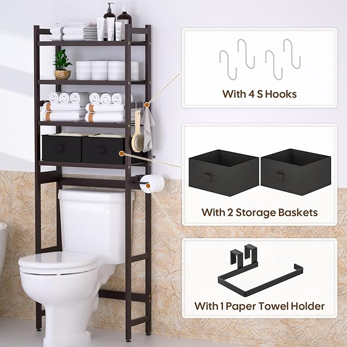 Cozivolife Over The Toilet Storage: 4-Tier Bamboo Organizer Rack with 2 Baskets & Paper Holder & 4 Hooks & Waterproof Feet Pad, Adjustable Freestanding Shelf for Bathroom (Brown)