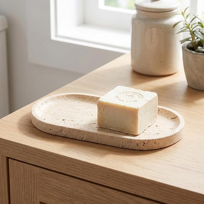 YKAJO Oval Real Marble Tray for Bathroom Kitchen Counter Stone Decorative Vanity Tray for Dresser Perfume Heavy Catchall Organizer for Soap Jewelry (Yellow Travertine, 9.8" x 4.7")
