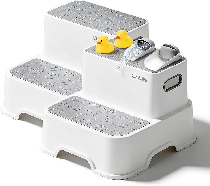 2-Pack Step Stool for Kids – Non-Slip Toddler Step Stool for Bathroom Sink & Potty Training – Heavy Duty 200 lbs, Includes Faucet Extender & Duck Bath Toys (Gray White)
