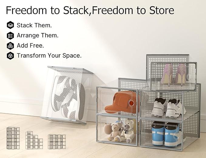 Kuject XX-Large Shoe Storage Boxes Organizers Clear Plastic Stackable 12 Pack, Shoe Rack & Holder Substitute, Sneaker Containers, Shoe Storage Organizer Bins for Closet, Under Bed, Grey(No Fold Line)
