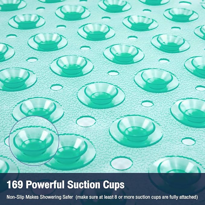 Square Shower Bathtub Mat Non Slip for Inside Shower Clear Green 21x21 Inch, Shower Stall Mats for Bathroom Floor, Soft Bath Mat for Tub with Big Suction Cups Drain Holes, Easy Washable Dry