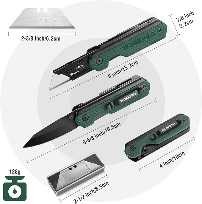WORKPRO 2-in-1 Folding Knife/Utility Knife, Quick-Change Box Cutter with Belt Clip, Liner Lock, and G10 Handle, Extra 10 SK5 Blades Included, Green