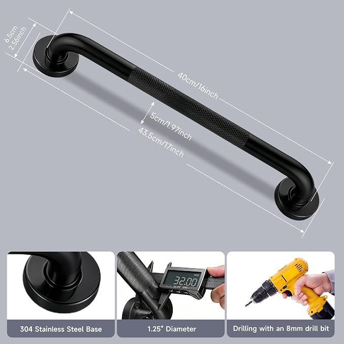 16 Inch Shower Grab Bar 1.25" Dia, 2 Pack Black Anti Slip Bathroom Grab Bar, 304 Stainless Steel Knurled Handicap Grab Bars, Safety Support Handrail,Bath Shower Handle for Elderly Injury Senior