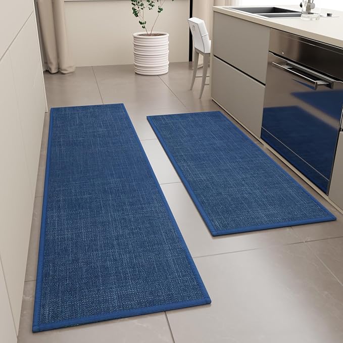 SUMLANS Kitchen Mat Set of 2 PCS, Cushioned Non Slip Rugs for Kitchen Floor, Absorbent Runner Comfort Standing Mats Washable for Kitchen, Office, Home (Dark Blue, 17.3"x47"+17.3"x71")